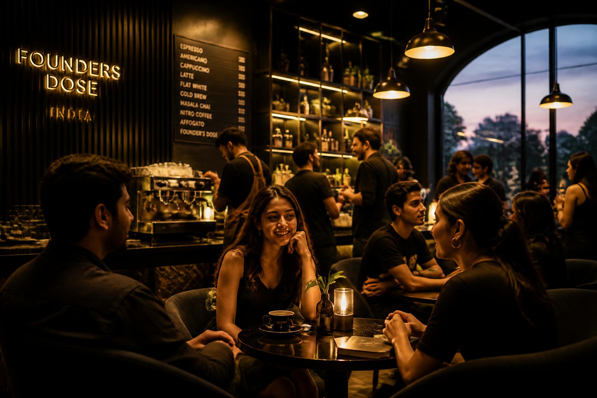 Premium café interior in Hyderabad at golden hour