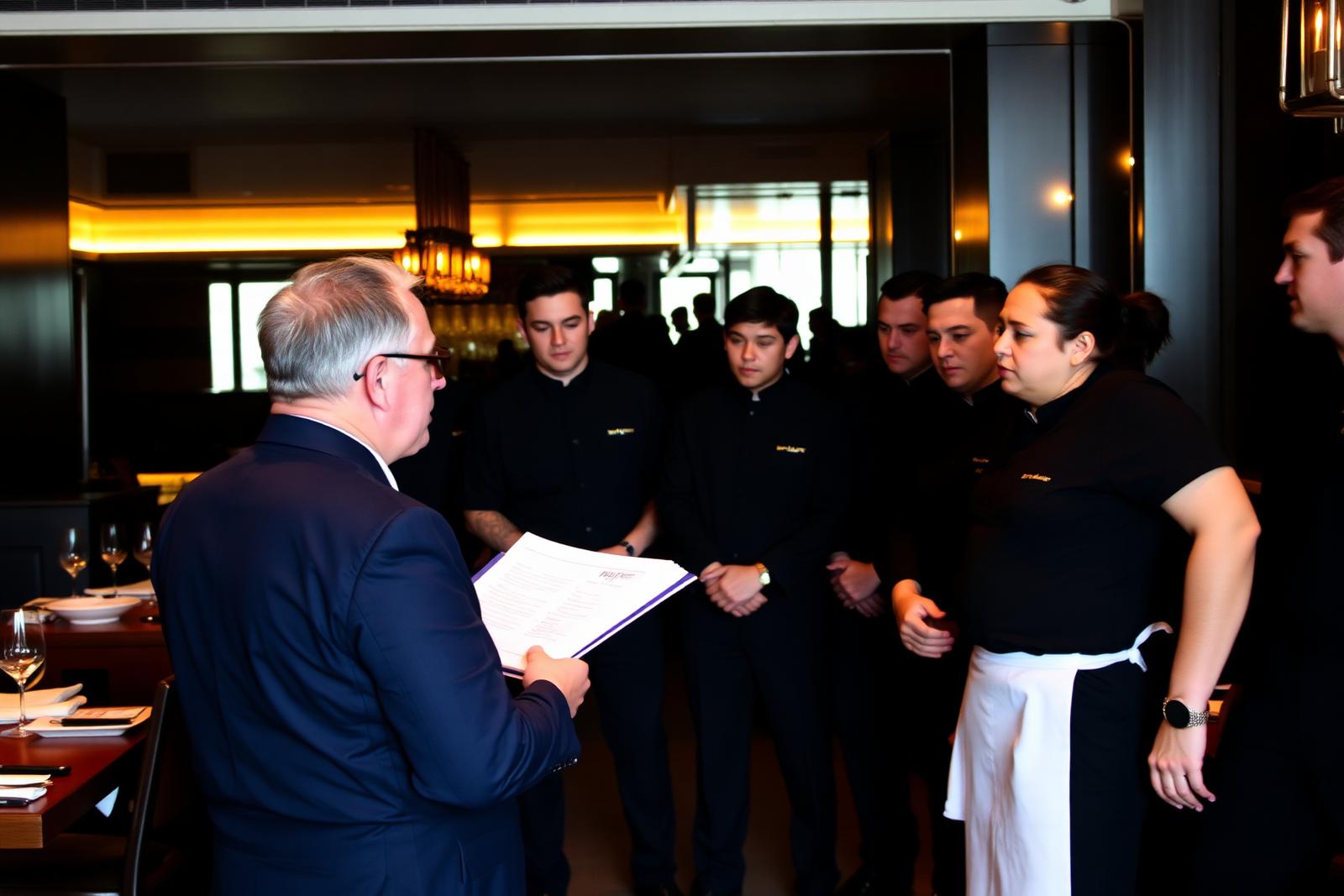 Restaurant manager briefing the floor team before service